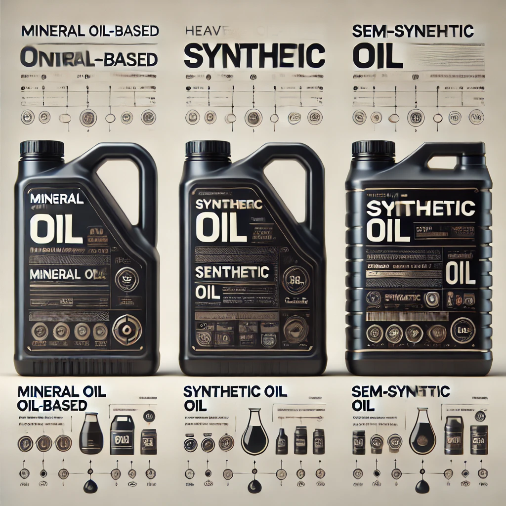 Here is the visual representation of the different types of heavy-duty engine oils you requested. Each container highlights the characteristics of Mineral Oil-Based, Synthetic, and Semi-Synthetic oils.
